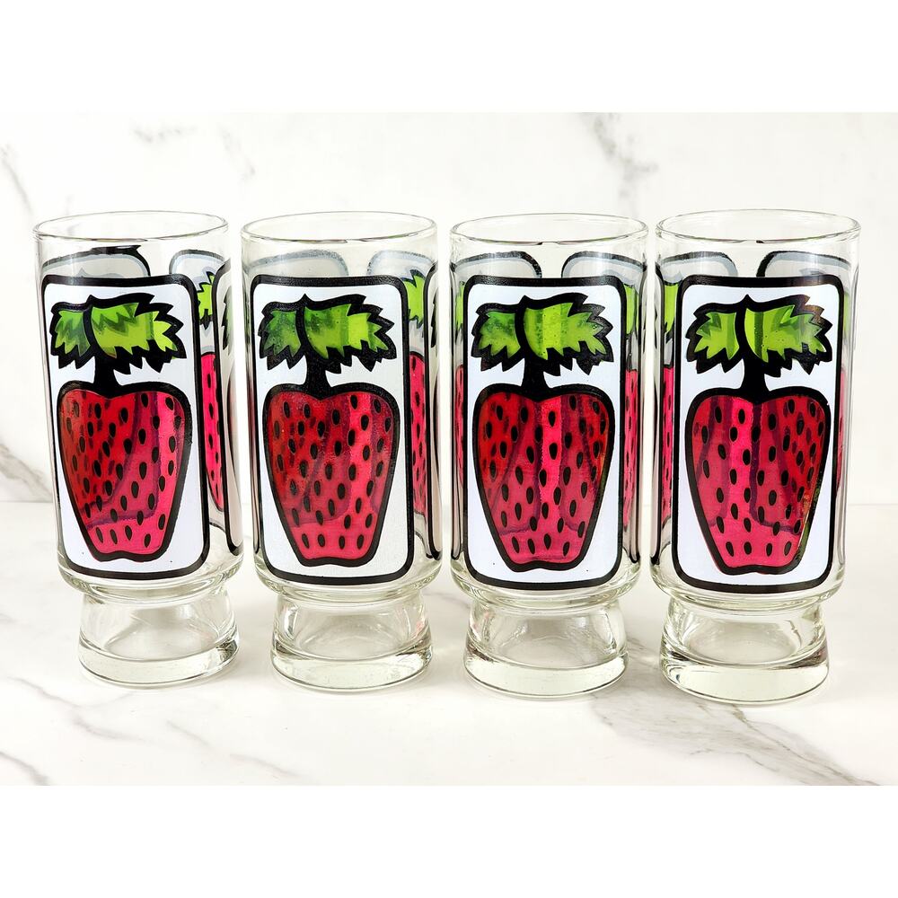Libbey Strawberry Pedestal Tumbler Glass 16oz Retro 80's 6 1/2" x4 Vintage